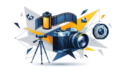 Illustration of photography equipment including a camera, film roll, and tripod, with abstract geometric shapes.