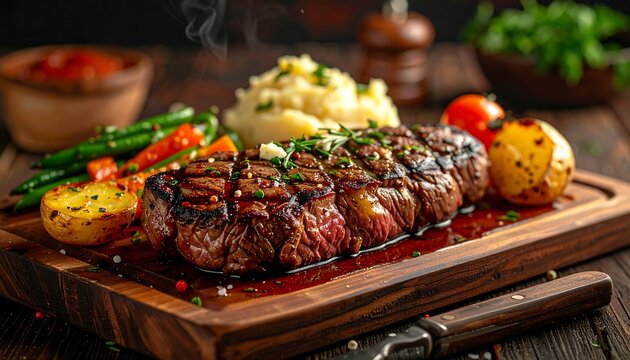 A grilled steak rests on a wooden board with potatoes, beans, and tomatoes. Steam rises enticingly