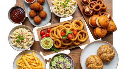 Top view of a rustic table filled with various fast food items like french fries, onion rings, pasta salad, burgers, and fried chicken isolated on transparent background