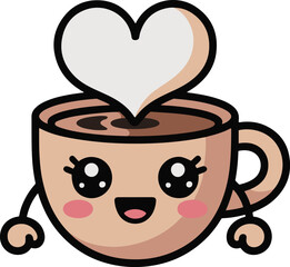 Cute cartoon coffee cup with kawaii face and holding a heart shape on a white background