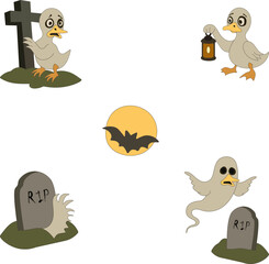 
Vector set of Halloween Ducks in a Cemetery - cartoon ducks with a lantern, cross, tombstones, ghost duck, and bat under the moon