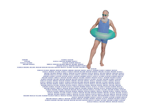 Composite photo collage of astonished old man wear swimsuit lifebuoy digital code programmer vacation isolated on painted background