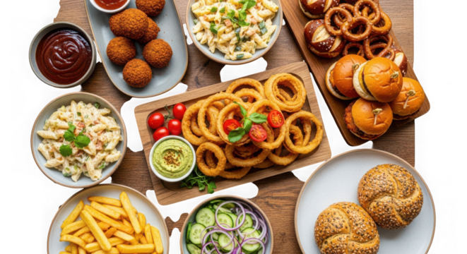 Top view of a rustic table filled with various fast food items like french fries, onion rings, pasta salad, burgers, and fried chicken isolated on transparent background