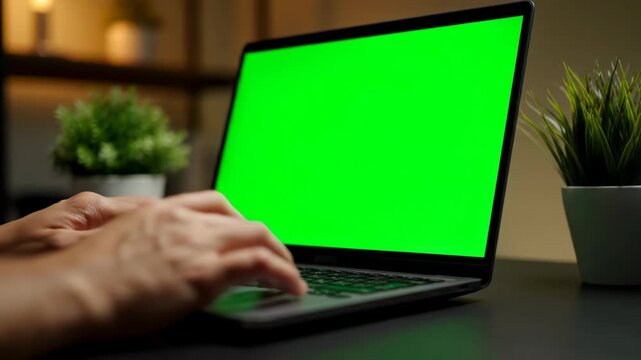 Closeup of hands typing on a laptop with a vibrant green screen, set against a softly lit background with potted plants, ideal for compositing vector illustration