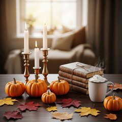 Cozy fall still life with candles, mini pumpkins, a cup of hot cocoa and books on a rustic table. Warm evening light and seasonal décor.