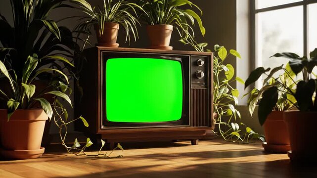 Vintage television with a green screen surrounded by lush green potted plants in a sunlit room with wooden flooring, evoking a retro ambiance vector illustration