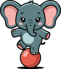 Cute cartoon elephant balancing on a red ball with a cheerful background in yellow and pastel hues