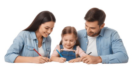 Family happily drawing together on a white background.