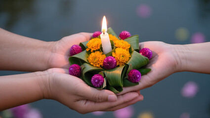 Close-up of krathong in the hands with candle and flowers