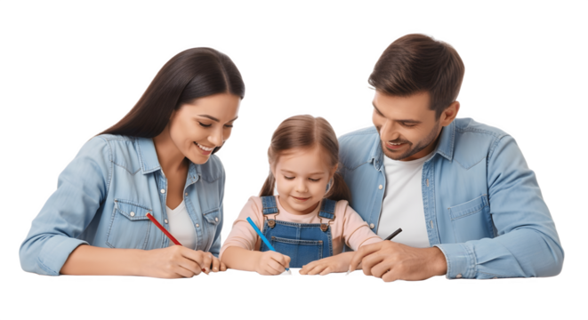 Family happily drawing together on a white background.