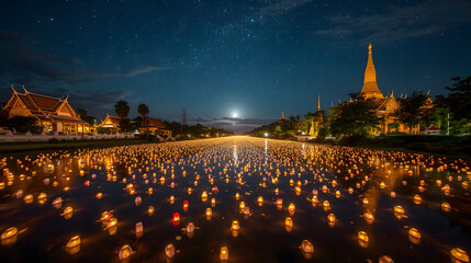 Buddhist temple by river illuminated during Loy Krathong