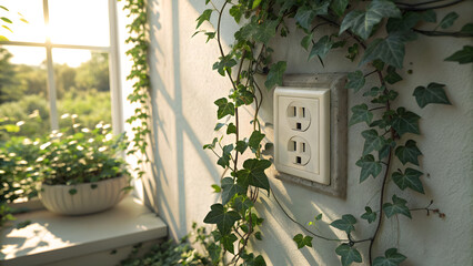 Unplugged wall socket covered in climbing ivy, ceramic frame, soft natural light – voluntary disconnection