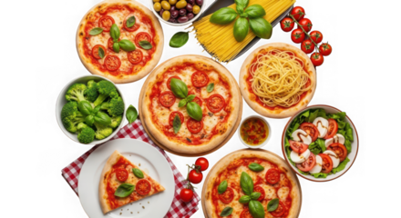Italian food assortment including mini pizzas, spaghetti, salad, and broccoli, isolated on transparent background