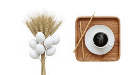 Easter eggs tied to wheat stalks and a cup of coffee with pencils on a wooden tray, isolated on transparent background