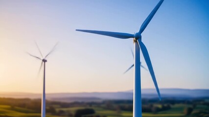 Three wind turbines stand tall against a soft blue sky at sunset with rolling green hills visible in the blurred background showing renewable energy generation in a natural