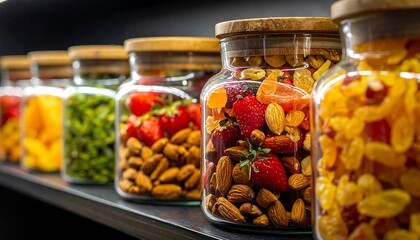 Assortment of colorful dried fruits and nuts in glass jars on a shelf, showcasing healthy snacks and pantry organization.