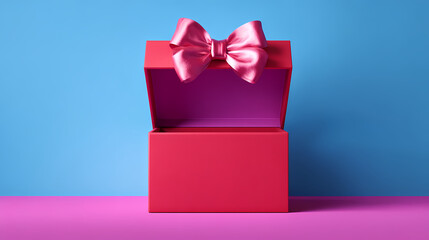 A red gift box with an open lid, adorned with a bow, set against a two-tone backdrop