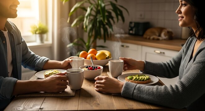 Couple enjoying breakfast at home Avocado toast, coffee, and a cozy morning