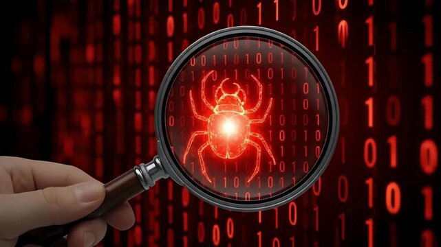 Cybersecurity threat detection malware analysis with magnifying glass on binary code background on transparent background