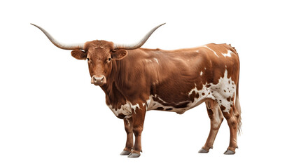 Majestic Texas Longhorn bull with large horns standing isolated.