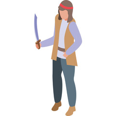 Isometric illustration of a person dressed as a pirate holding a sword with a red headband and vest over a blue shirt and grey pants on a white background