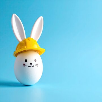 Cute Easter egg character dressed as a bunny wearing a yellow hard hat.