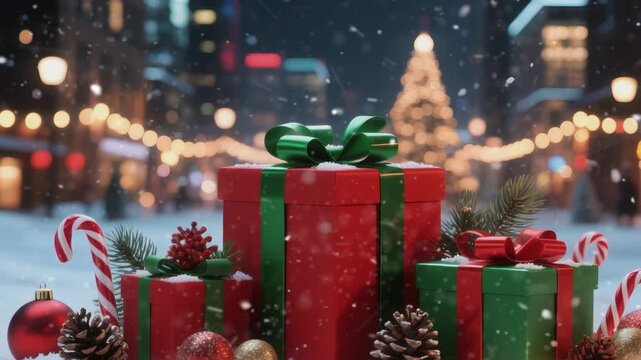Festive Christmas scene featuring wrapped gifts surrounded by decorations like pine cones, candy canes, and ornaments. Perfect for holiday themes and merry celebrations.