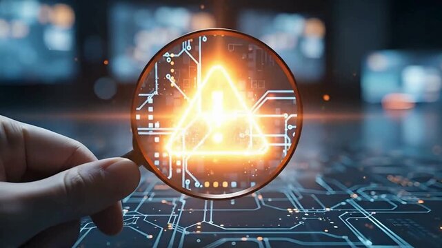 Cybersecurity threat detection vulnerability analysis with magnifying glass on circuit board on transparent background