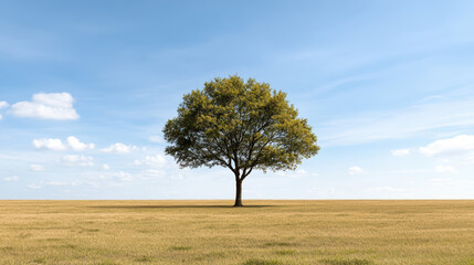 Obraz premium Solitary tree stands tall vast field bright blue sky, evoking sense of tranquility and openness