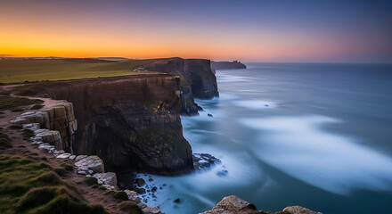 Scenic view of rugged cliffs meeting the ocean at sunset with a colorful sky and blurred waves ai generated
