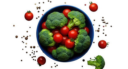 Fresh broccoli and cherry tomatoes in a blue bowl with peppercorns scattered around, isolated on transparent background