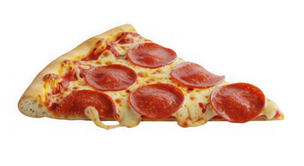 A delicious slice of pepperoni pizza with melted cheese and a crispy crust, isolated on transparent background