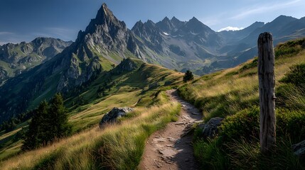 Narrow hiking trail winds through a vast, lush green meadow towards epic, jagged mountains under a bright morning sun, signifying an adventure.