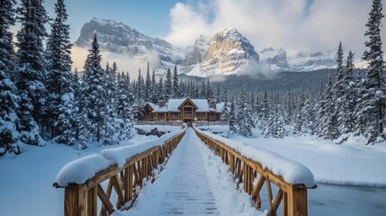Winter wooden bridge to cabin in forest