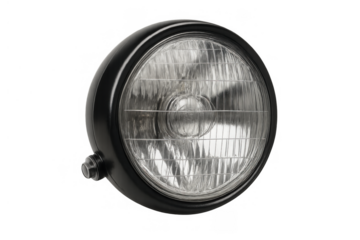 Motorcycle headlight, round black vintage lamp on transparent background, classic automotive lighting part