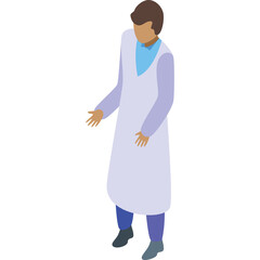 Isometric illustration of a person wearing a light blue collared shirt and a long white coat standing against a pure white background and dark gray shoes with purple pants
