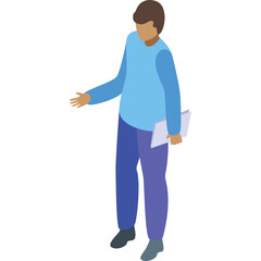 Isometric Illustration Of A Person Wearing A Light Blue Sweater And Purple Pants Holding A Document Isolated On A White Background