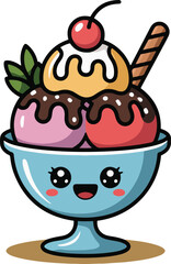 Adorable cartoon ice cream sundae with cherry and wafer in a smiling blue bowl, playful design