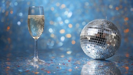Sparkling champagne glass and disco ball on a blue surface