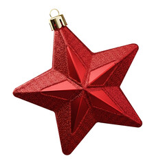 A single sparkling red star shaped christmas ornament with a gold loop for hanging isolated on a black background