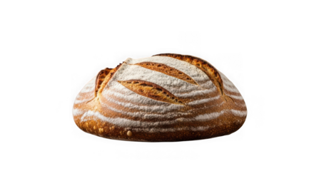 A rustic loaf of sourdough bread dusted with flour, isolated on transparent background