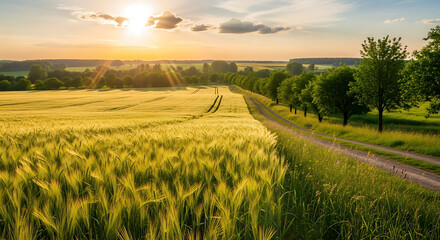 Golden wheat field with a dirt road lined with trees under a bright sunset in the countryside view ai generated