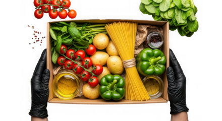 A box of fresh ingredients for cooking, including pasta, vegetables, and oil, held by hands wearing black gloves, isolated on transparent background