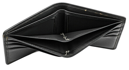Open empty black leather bifold wallet displaying financial void and lack of funds isolated on transparent background
