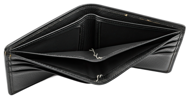 Open empty black leather bifold wallet displaying financial void and lack of funds isolated on transparent background