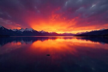 Naklejka premium Serene mountain lake reflecting a brilliant sunset and surrounding evergreen forest. A still, mirror like mountain lake reflecting a brilliant sunset. The sky above is a vibrant gradient of deep