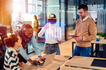 Diverse creative team experimenting with virtual reality headset and digital data visualization in a modern office. Concept of innovation, teamwork, and future technology collaboration.
