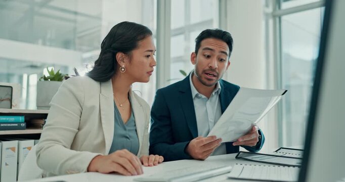 Woman, man and talk with documents, team and insight for solution, review or wealth management at company. Business people, partner and admin with proposal, discussion or report at investing agency
