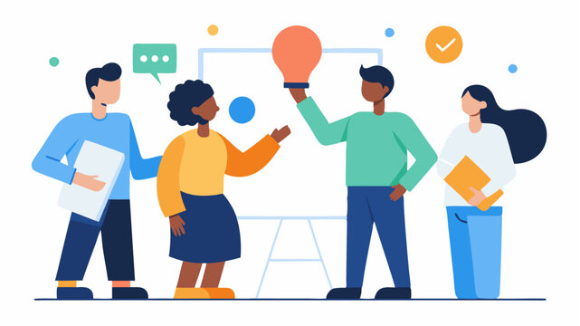 An illustration of diverse team members collaborating in a brainstorming session using a whiteboard filled with ideas and diagrams.