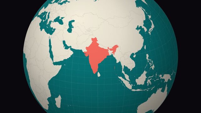 India map. Animated zoom into the country on the Globe in Teal Pale Mint color palette. Country logo animation. Map with meridians, parallels. Authentic video.